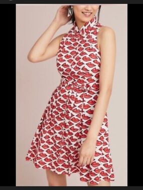 Ann Howell Bullard x Anthropologie Lips Smooched Collar Shirt Dress Tie waist